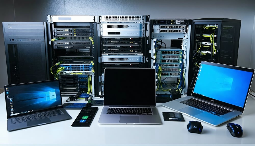 Modern IT hardware products including laptops, servers, and networking equipment Modern IT hardware products including laptops, servers, and networking equipment